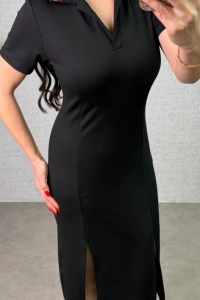 Kadın Polo Yaka çift Yırtmaç Detay Modal Kumaş Midi Boy Elbise