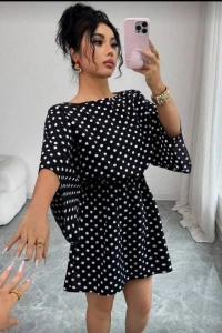 Kadın Puantiyeli örme Krep Mini Elbise (kemersiz)