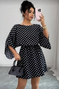 Kadın Puantiyeli örme Krep Mini Elbise (kemersiz)