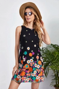 Kadın Sıfır Kollu Bisiklet Yaka çiçek Desenli Süprem Mini Elbise