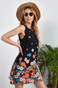 Kadın Sıfır Kollu Bisiklet Yaka çiçek Desenli Süprem Mini Elbise