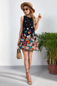 Kadın Sıfır Kollu Bisiklet Yaka çiçek Desenli Süprem Mini Elbise