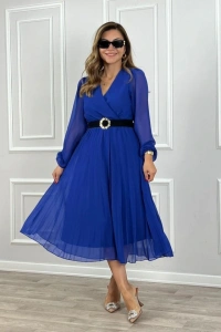 Kadın şifon Kumaş Astalı Kloş Kesim Kruvaze Yaka Midi Boy Elbise