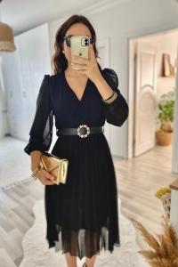 Kadın şifon Kumaş Astalı Kloş Kesim Kruvaze Yaka Midi Boy Elbise