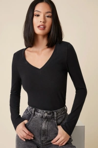 Kadın Siyah V Yaka Uzun Kollu Bluz