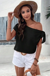 Kadın Tek Omuzu Açık Koldan Bağlamalı Janjan Krep Bluz