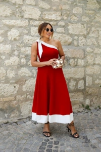 Kadın Tek Omuzu Açık Omuzlardan Kurdela Detaylı çift Renkli Ithal Krep Elbise