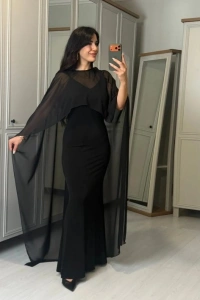 Kadın Transparan Pelerin Detay Askılı Maxi Boy Elbise