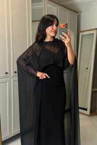 Kadın Transparan Pelerin Detay Askılı Maxi Boy Elbise