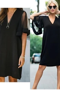 Kadın Tüllü Kısa Kollu V Yaka Krep Elbise