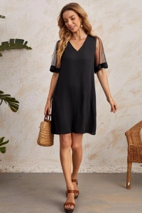 Kadın Tüllü Kısa Kollu V Yaka Krep Elbise