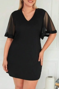 Kadın Tüllü Kısa Kollu V Yaka Krep Elbise