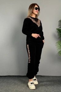 Kadın üç Iplik Kumaş Leopar Desenli Dantel Detaylı Ikili Takım