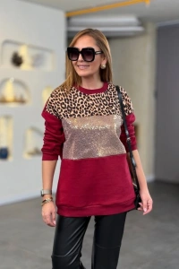 Kadın üç Iplik şardonlu Kumaş Leopar Desenli Bluz