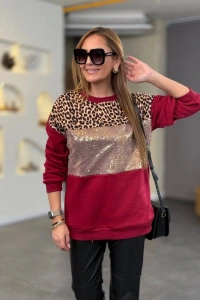 Kadın üç Iplik şardonlu Kumaş Leopar Desenli Bluz