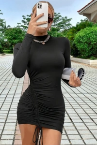 Kadın Uzun Kol Sağ Belden Sol Etek Ucuna Doğru Hafif çapraz Büzgülü Sandy Mini Boy Elbise