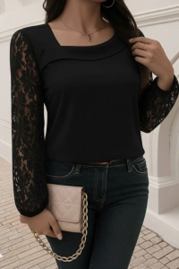 Kadın Uzun Kollu Asimetrik Yakalı Dantelli Ithal Krep Bluz