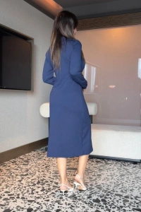 Kadın Uzun Kollu Balıkçı Yaka önden Fermuarlı Yırtmaçlı Midi Viskon Iki Iplik Elbise