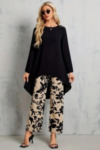 Kadın Uzun Kollu Bisiklet Yaka Asimetrik Kesim Detaylı Viskon Bluz Ve çiçek Desenli Iki Iplik Pantolon