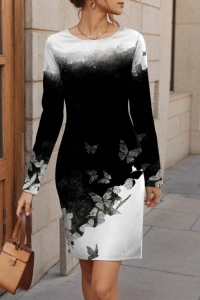 Kadın Uzun Kollu Bisiklet Yaka çiçek Desenli Kısa şardonlu Dalgıç Elbise