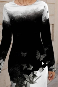 Kadın Uzun Kollu Bisiklet Yaka çiçek Desenli Kısa şardonlu Dalgıç Elbise