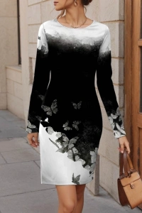 Kadın Uzun Kollu Bisiklet Yaka çiçek Desenli Kısa şardonlu Dalgıç Elbise