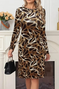 Kadın Uzun Kollu Bisiklet Yaka Desenli Dalgıç Kısa Elbise