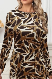 Kadın Uzun Kollu Bisiklet Yaka Desenli Dalgıç Kısa Elbise