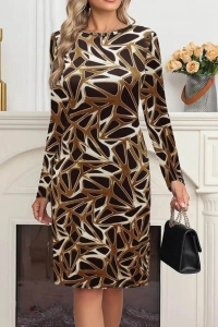 Kadın Uzun Kollu Bisiklet Yaka Desenli Dalgıç Kısa Elbise