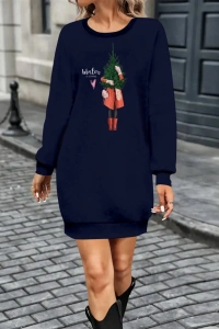 Kadın Uzun Kollu Bisiklet Yaka Desenli Kısa Viskon Iki Iplik Elbise