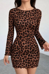 Kadın Uzun Kollu Bisiklet Yaka Leopar Desenli Dalgıç Mini Elbise