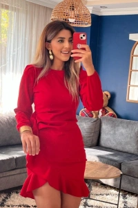 Kadın Uzun Kollu Bisiklet Yaka önden Volanlı Ithal Krep Elbise