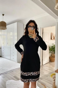 Kadın Uzun Kollu Bisiklet Yaka şerit Leopar Desenli Kısa Dalgıç Elbise