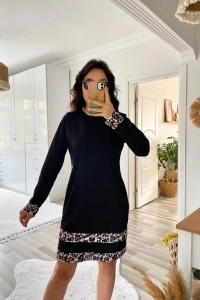 Kadın Uzun Kollu Bisiklet Yaka şerit Leopar Desenli Kısa Dalgıç Elbise