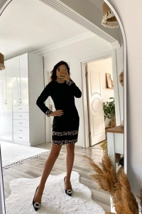 Kadın Uzun Kollu Bisiklet Yaka şerit Leopar Desenli Kısa Dalgıç Elbise