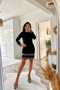 Kadın Uzun Kollu Bisiklet Yaka şerit Leopar Desenli Kısa Dalgıç Elbise