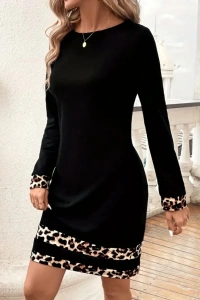 Kadın Uzun Kollu Bisiklet Yaka şerit Leopar Desenli Kısa Dalgıç Elbise