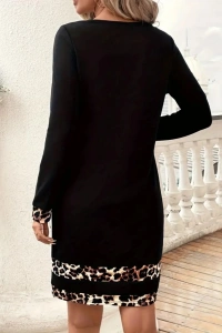 Kadın Uzun Kollu Bisiklet Yaka şerit Leopar Desenli Kısa Dalgıç Elbise