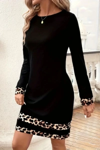Kadın Uzun Kollu Bisiklet Yaka şerit Leopar Desenli Kısa Dalgıç Elbise