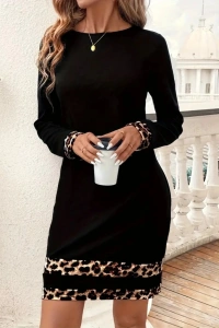 Kadın Uzun Kollu Bisiklet Yaka şerit Leopar Desenli Kısa Dalgıç Elbise