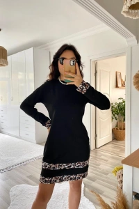 Kadın Uzun Kollu Bisiklet Yaka şerit Leopar Desenli Kısa Dalgıç Elbise