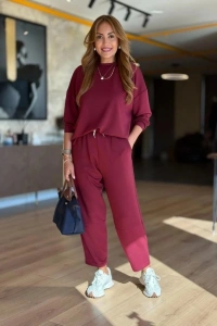 Kadın Uzun Kollu Bisiklet Yaka Viskon Iki Iplik Bluz Ve Pantolon Ikili Takım