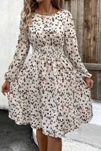 Kadın Uzun Kollu Bot Yaka Beli Lastikli Midi Süprem Elbise