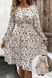 Kadın Uzun Kollu Bot Yaka Beli Lastikli Midi Süprem Elbise