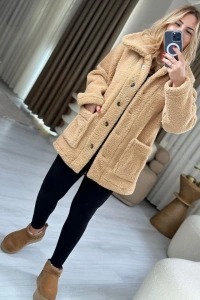 Kadın Uzun Kollu Cep Ve Düğme Detay Wellsof Kumaş Peluş Hırka