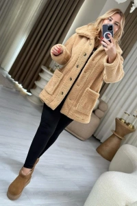 Kadın Uzun Kollu Cep Ve Düğme Detay Wellsof Kumaş Peluş Hırka