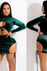 Kadın Uzun Kollu Full Dekolte Detay Kadife Kumaş Elbise