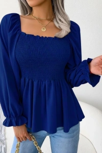 Kadın Uzun Kollu Geometrik Yakalı Gipe Detaylı Krep Bluz