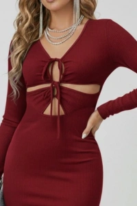 Kadın Uzun Kollu Göğüs Ve Göbek Dekolte Detay Sandy Midi Boy Elbise