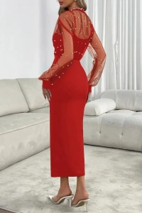 Kadın Uzun Kollu Halka Yaka Tül Inci Detaylı Uzun Ithal Krep Elbise